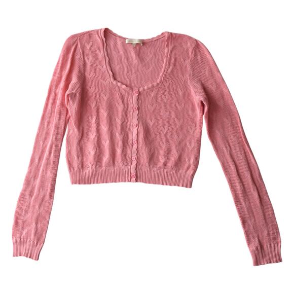LoveShackFancy Pink Heart Knit Cropped Cardigan Button Front Size 10 - Picture 1 of 8